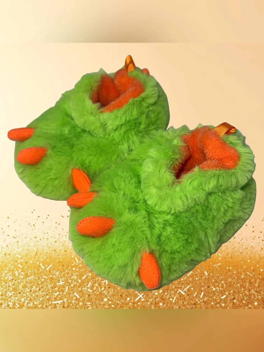 wonder nation Bright Green Plush Monster Kids Slippers with Orange Accents
